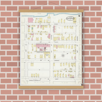 Old map wall art mockup — magnetic wood frame on brick wall — Sanborn Fire Insurance Map from Lansingburg, Rensselaer County, New York (1892) - Complete Map Set