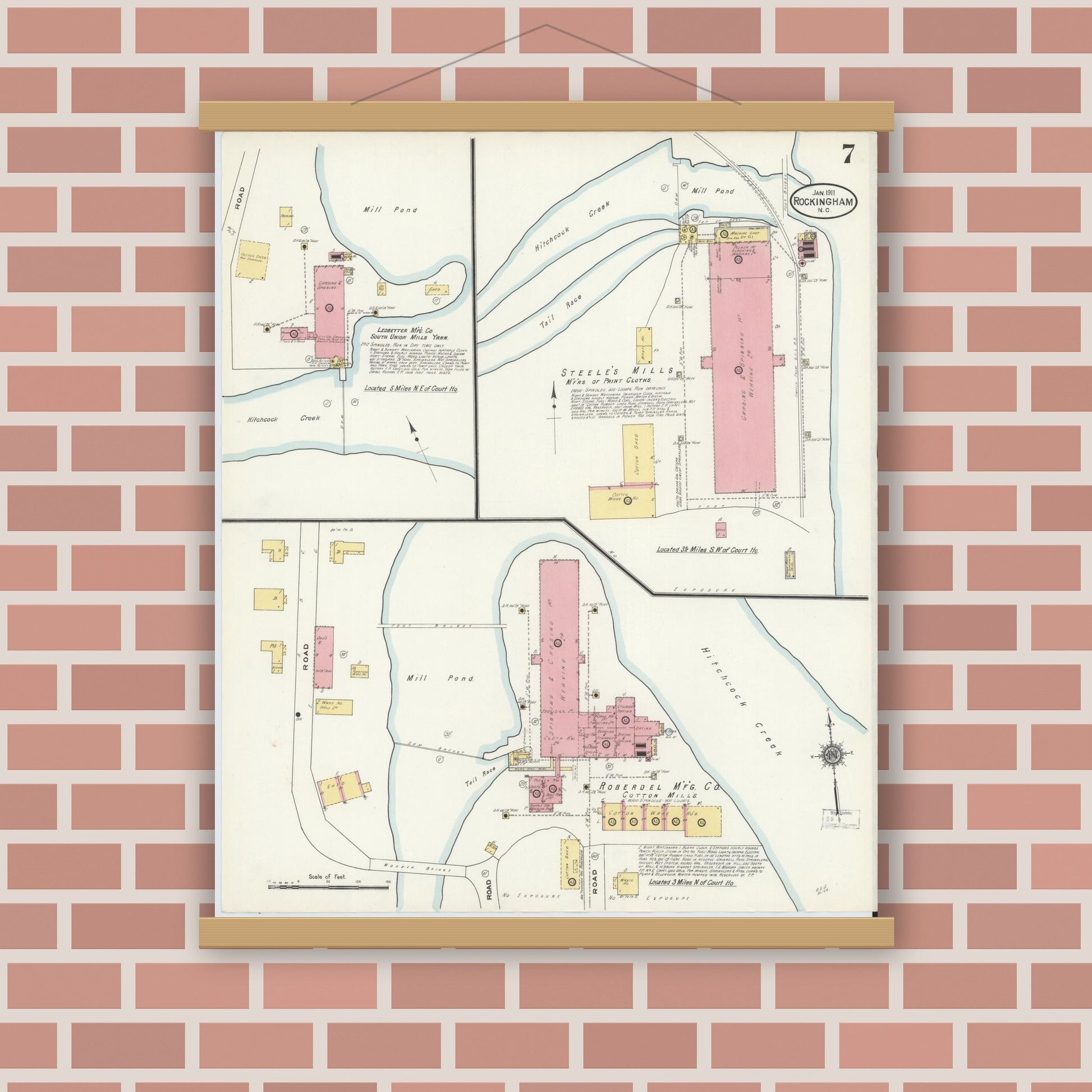 Old map wall art mockup — magnetic wood frame on brick wall — Sanborn Fire Insurance Map from Rockingham, Richmond County, North Carolina (1911), Sheet #0007