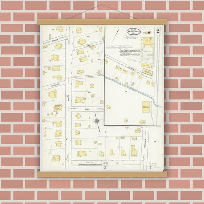 Old map wall art mockup — magnetic wood frame on brick wall — Sanborn Fire Insurance Map from Nacogdoches, Nacogdoches County, Texas (1912), Sheet #0002