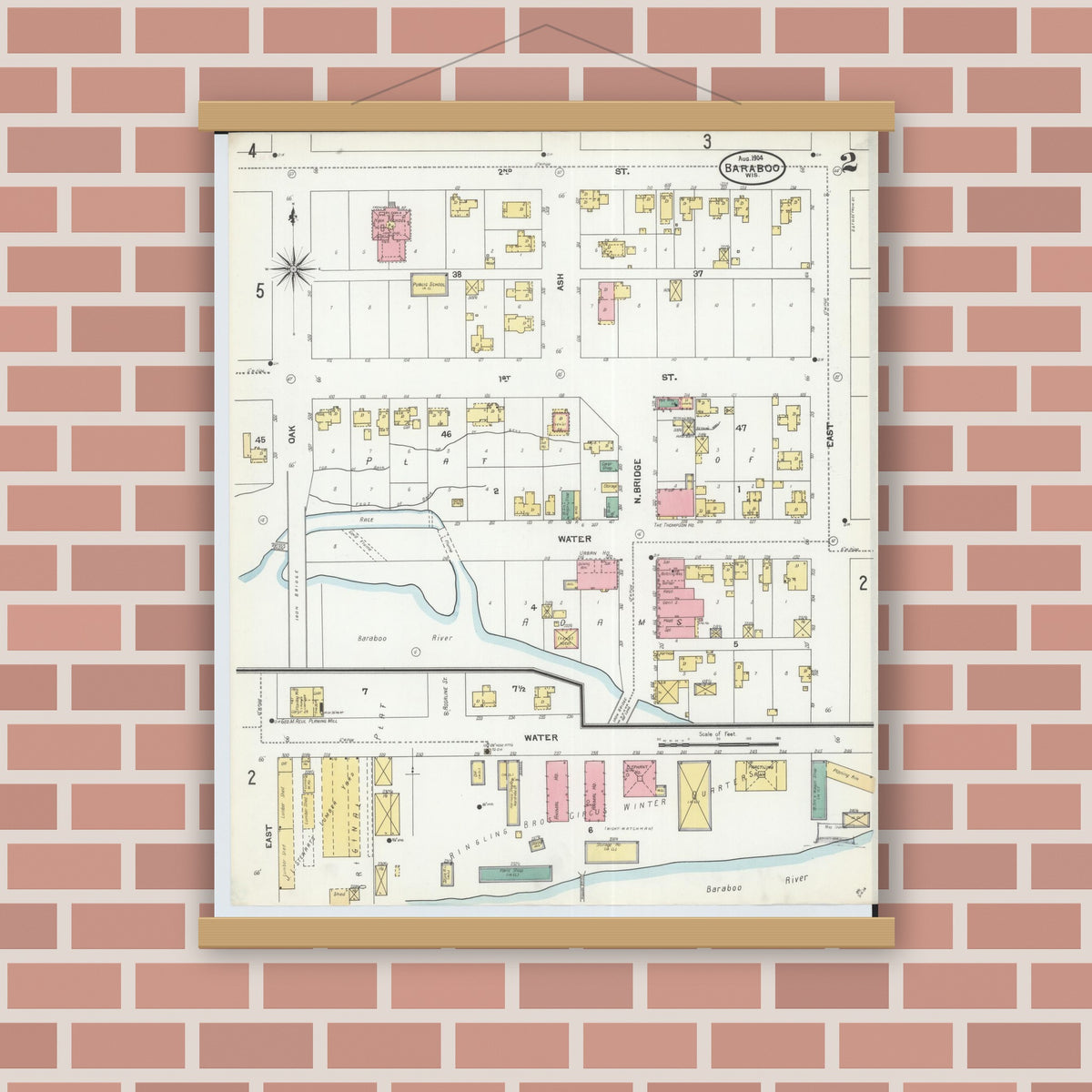 Old map wall art mockup — magnetic wood frame on brick wall — Sanborn Fire Insurance Map from Baraboo, Sauk County, Wisconsin (1904), Sheet #0002