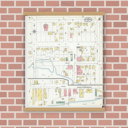 Old map wall art mockup — magnetic wood frame on brick wall — Sanborn Fire Insurance Map from Baraboo, Sauk County, Wisconsin (1904), Sheet #0002