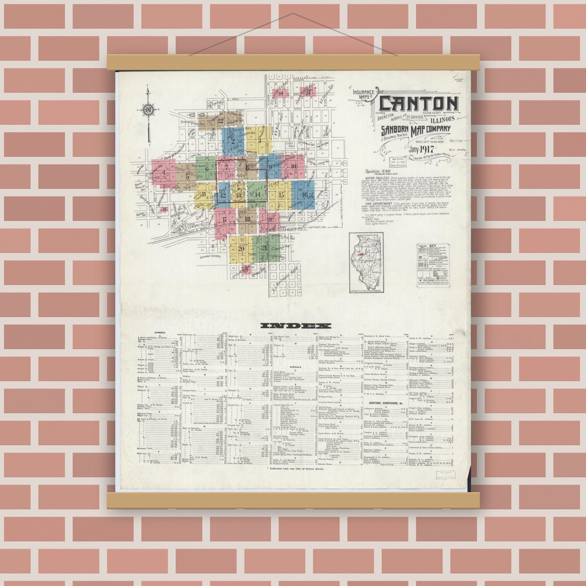 Old map wall art mockup — magnetic wood frame on brick wall — Sanborn Fire Insurance Map from Canton, Fulton County, Illinois (1917) - Complete Map Set