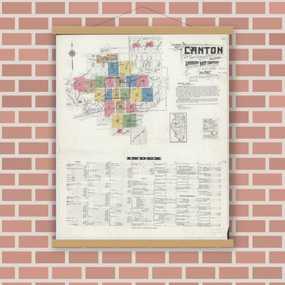 Old map wall art mockup — magnetic wood frame on brick wall — Sanborn Fire Insurance Map from Canton, Fulton County, Illinois (1917) - Complete Map Set