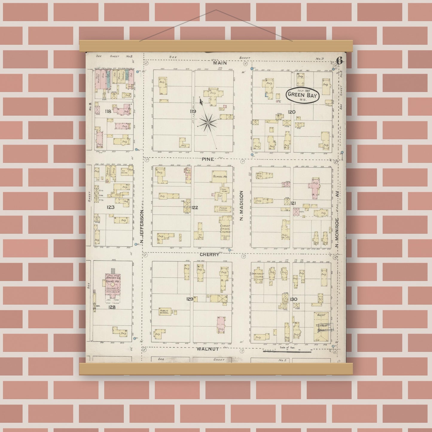 Old map wall art mockup — magnetic wood frame on brick wall — Sanborn Fire Insurance Map from Green Bay, Brown County, Wisconsin (1887), Sheet #0006