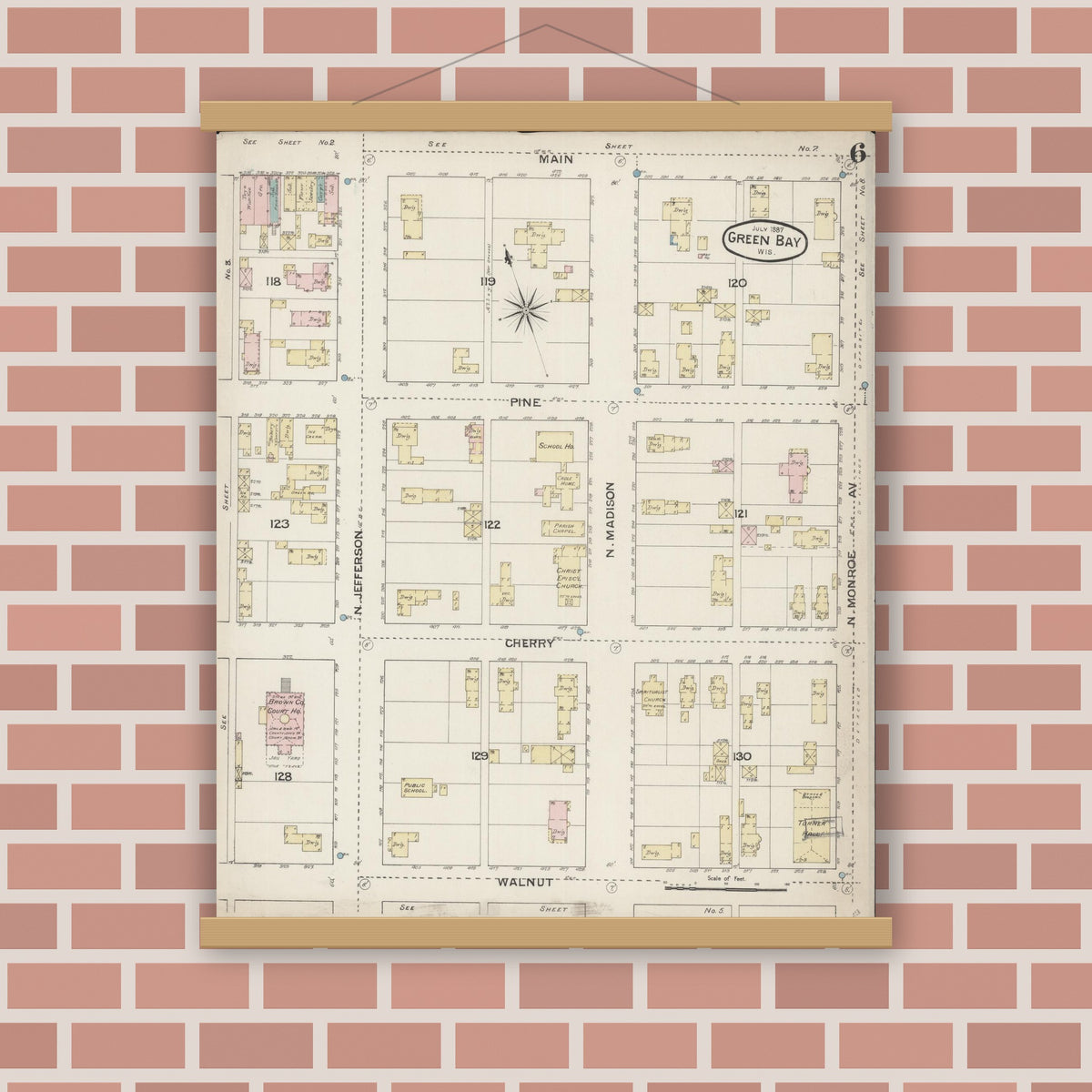 Old map wall art mockup — magnetic wood frame on brick wall — Sanborn Fire Insurance Map from Green Bay, Brown County, Wisconsin (1887), Sheet #0006
