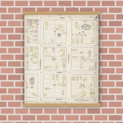 Old map wall art mockup — magnetic wood frame on brick wall — Sanborn Fire Insurance Map from Green Bay, Brown County, Wisconsin (1887), Sheet #0006