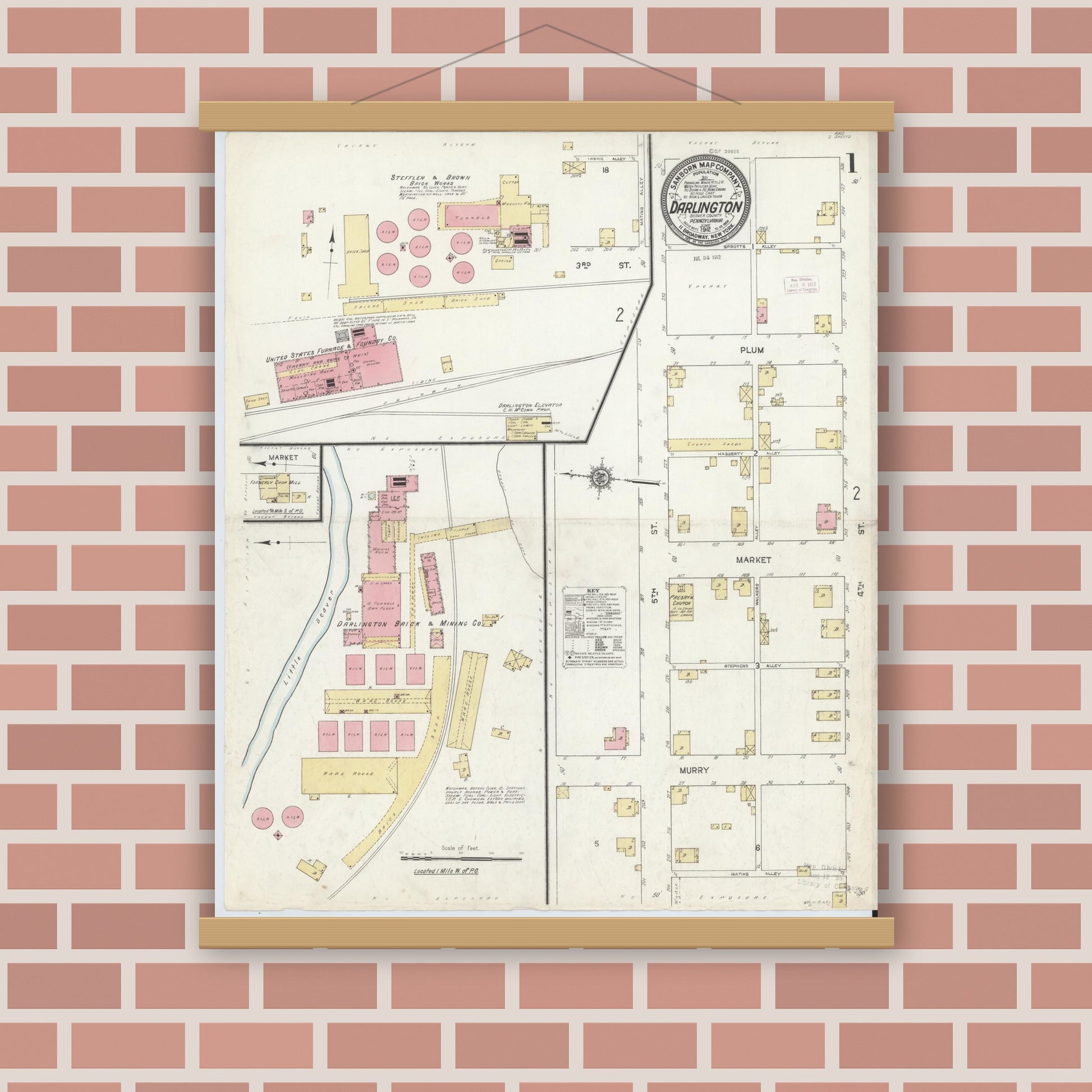 Old map wall art mockup — magnetic wood frame on brick wall — Sanborn Fire Insurance Map from Darlington, Beaver County, Pennsylvania (1912) - Complete Map Set