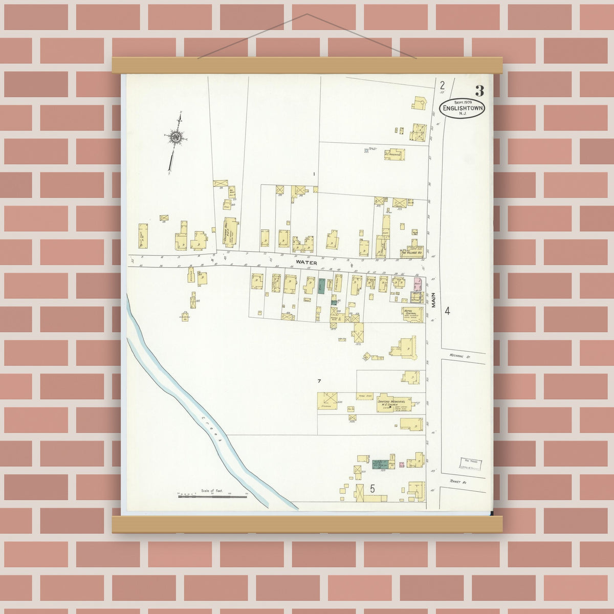 Old map wall art mockup — magnetic wood frame on brick wall — Sanborn Fire Insurance Map from Englishtown, Monmouth County, New Jersey (1909), Sheet #0003