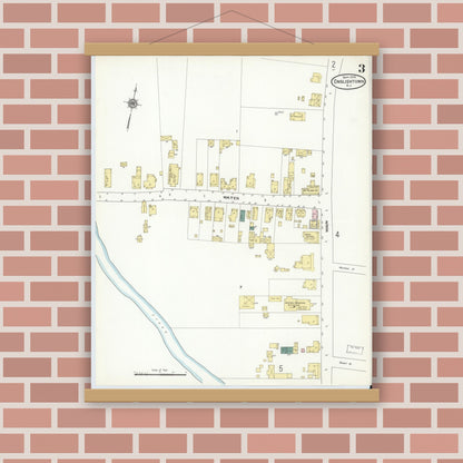 Old map wall art mockup — magnetic wood frame on brick wall — Sanborn Fire Insurance Map from Englishtown, Monmouth County, New Jersey (1909), Sheet #0003