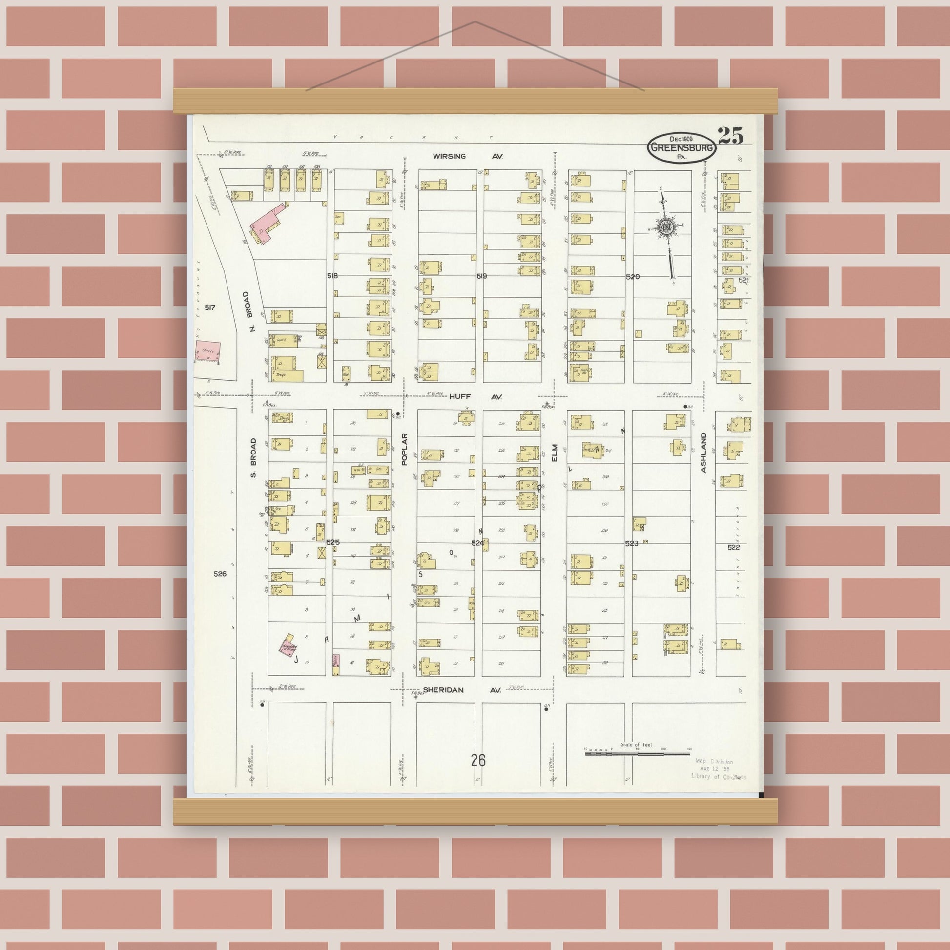Old map wall art mockup — magnetic wood frame on brick wall — Sanborn Fire Insurance Map from Greensburg, Westmoreland County, Pennsylvania (1909), Sheet #0025