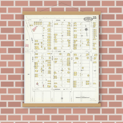 Old map wall art mockup — magnetic wood frame on brick wall — Sanborn Fire Insurance Map from Greensburg, Westmoreland County, Pennsylvania (1909), Sheet #0025