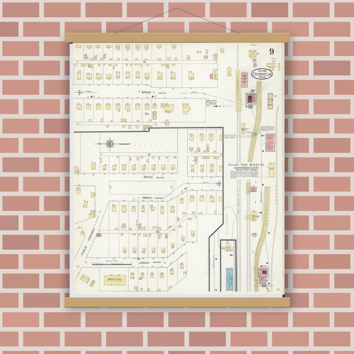 Old map wall art mockup — magnetic wood frame on brick wall — Sanborn Fire Insurance Map from Chisholm, Saint Louis County, Minnesota (1912), Sheet #0009
