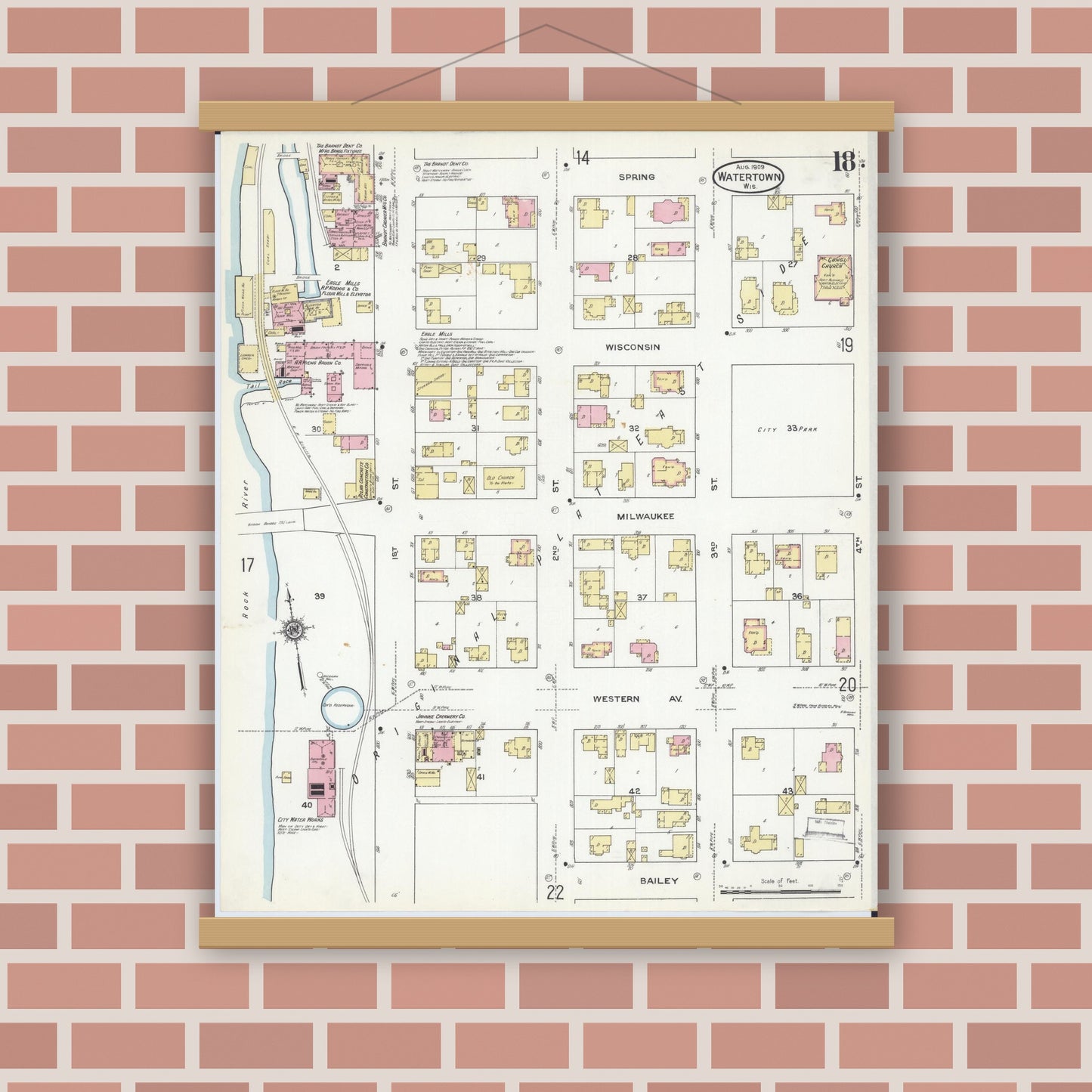 Old map wall art mockup — magnetic wood frame on brick wall — Sanborn Fire Insurance Map from Watertown, Jefferson County, Wisconsin (1909), Sheet #0018
