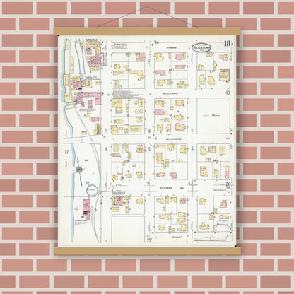 Old map wall art mockup — magnetic wood frame on brick wall — Sanborn Fire Insurance Map from Watertown, Jefferson County, Wisconsin (1909), Sheet #0018