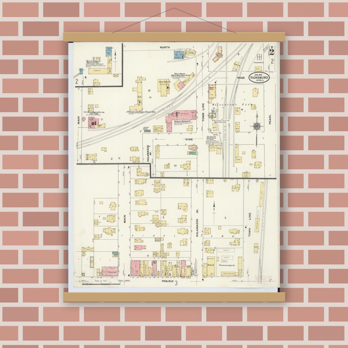 Old map wall art mockup — magnetic wood frame on brick wall — Sanborn Fire Insurance Map from Vicksburg, Kalamazoo County, Michigan (1910), Sheet #0002