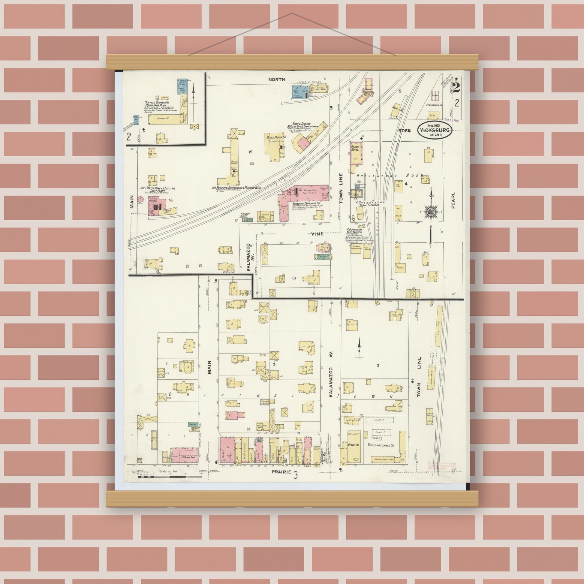 Old map wall art mockup — magnetic wood frame on brick wall — Sanborn Fire Insurance Map from Vicksburg, Kalamazoo County, Michigan (1910), Sheet #0002