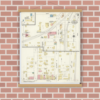 Old map wall art mockup — magnetic wood frame on brick wall — Sanborn Fire Insurance Map from Vicksburg, Kalamazoo County, Michigan (1910), Sheet #0002