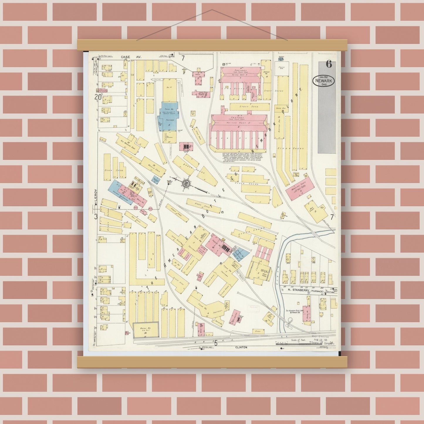 Old map wall art mockup — magnetic wood frame on brick wall — Sanborn Fire Insurance Map from Newark, Licking County, Ohio (1912), Sheet #0006