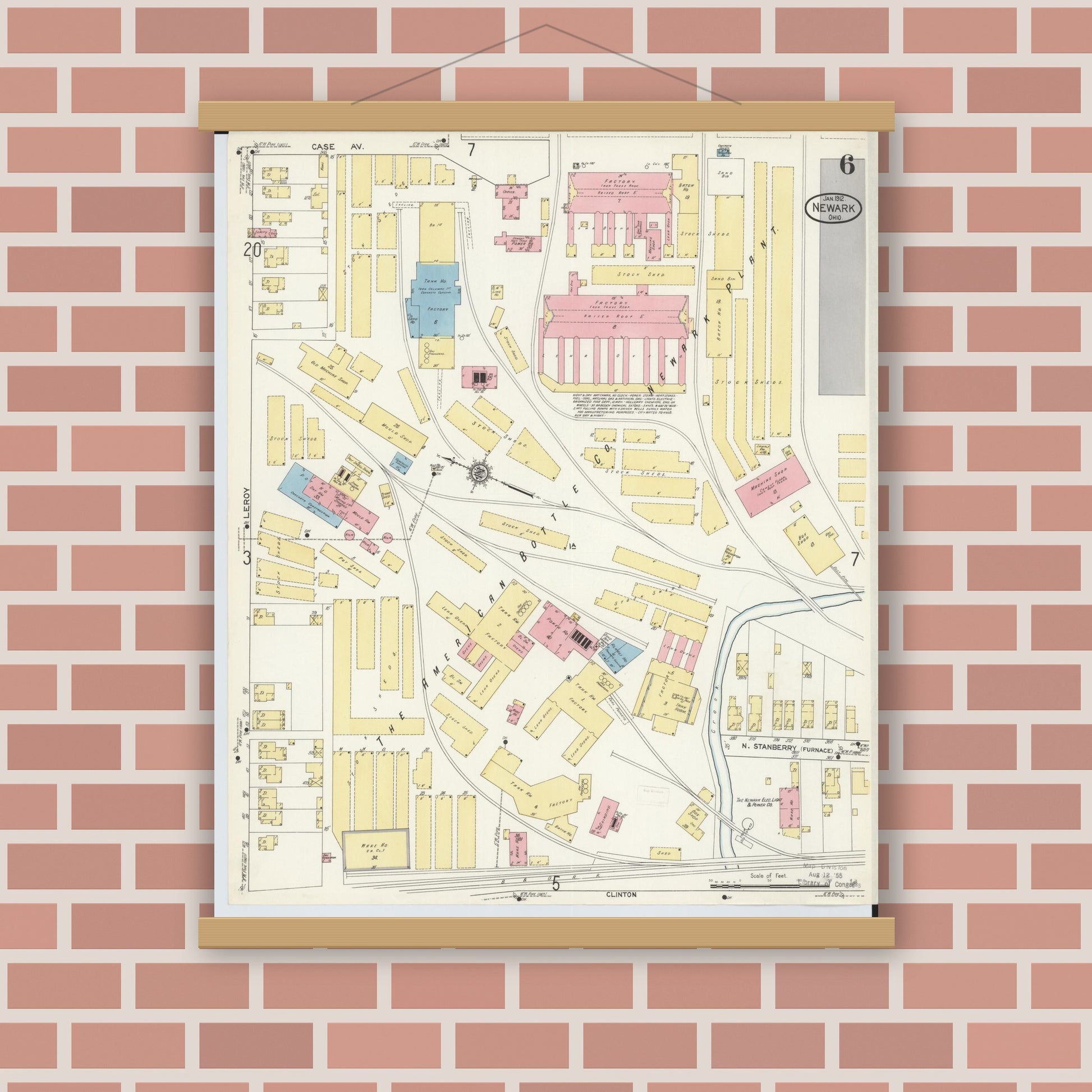 Old map wall art mockup — magnetic wood frame on brick wall — Sanborn Fire Insurance Map from Newark, Licking County, Ohio (1912), Sheet #0006