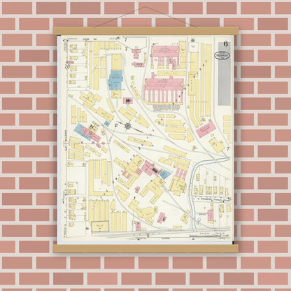 Old map wall art mockup — magnetic wood frame on brick wall — Sanborn Fire Insurance Map from Newark, Licking County, Ohio (1912), Sheet #0006