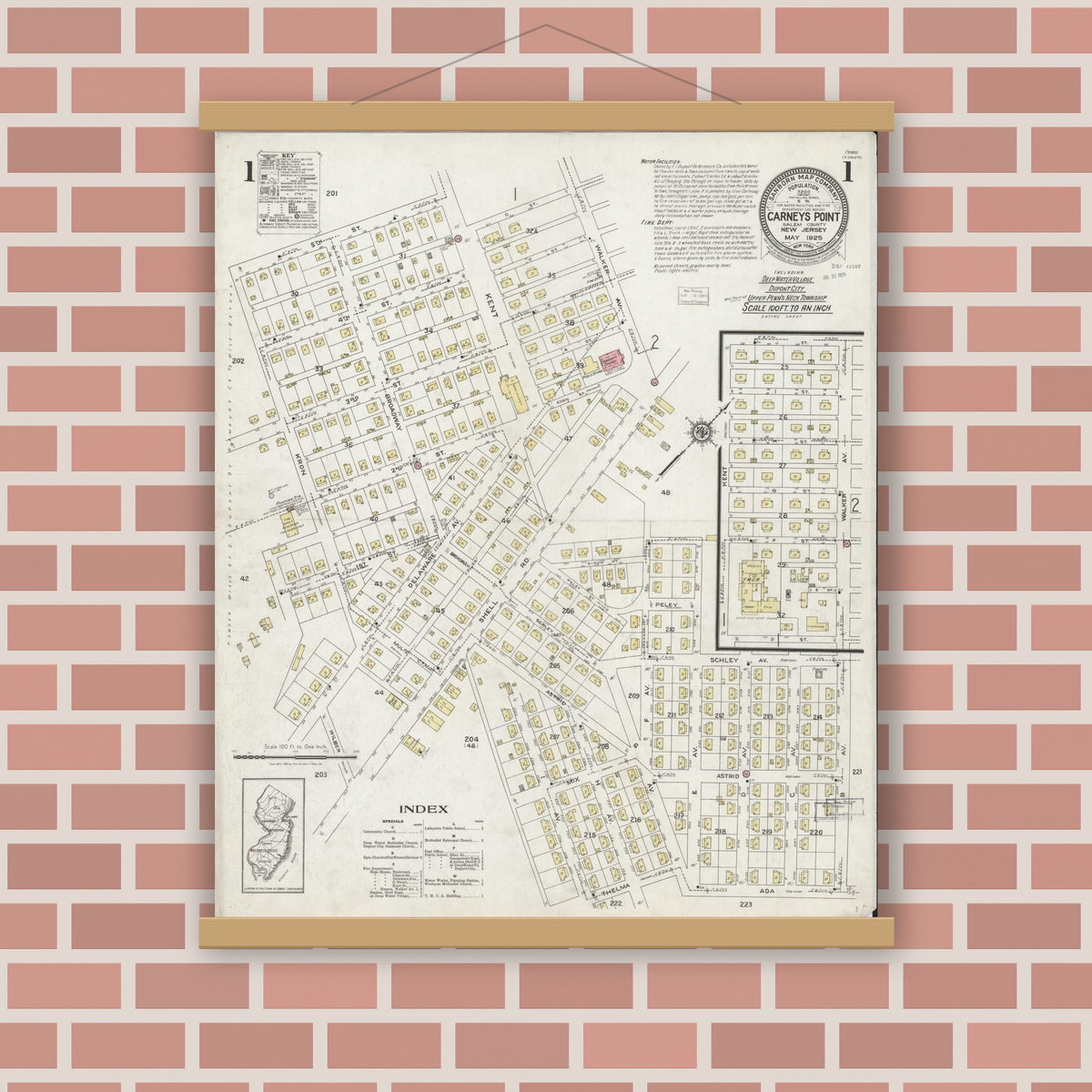 Old map wall art mockup — magnetic wood frame on brick wall — Sanborn Fire Insurance Map from Carneys Point, Salem County, New Jersey (1925) - Complete Map Set