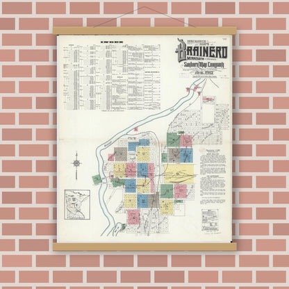 Old map wall art mockup — magnetic wood frame on brick wall — Sanborn Fire Insurance Map from Brainerd, Crow Wing County, Minnesota (1913) - Complete Map Set