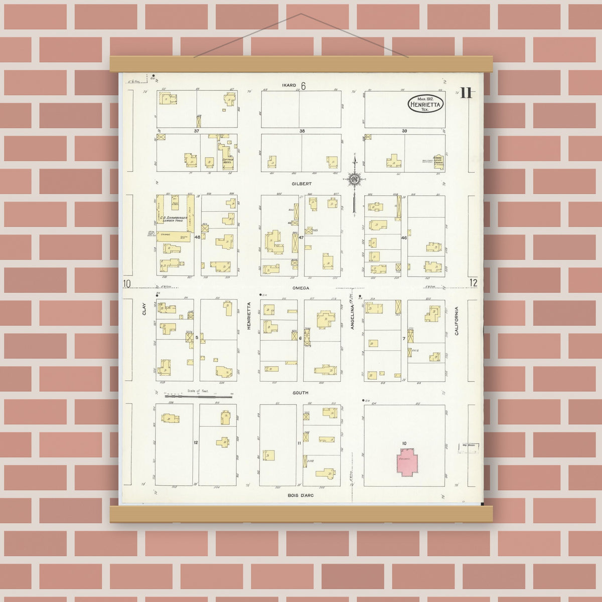 Old map wall art mockup — magnetic wood frame on brick wall — Sanborn Fire Insurance Map from Henrietta, Clay County, Texas (1912), Sheet #0011