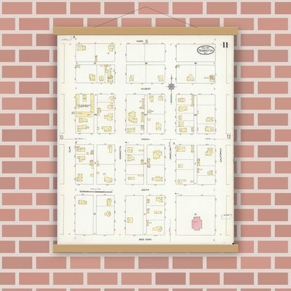 Old map wall art mockup — magnetic wood frame on brick wall — Sanborn Fire Insurance Map from Henrietta, Clay County, Texas (1912), Sheet #0011