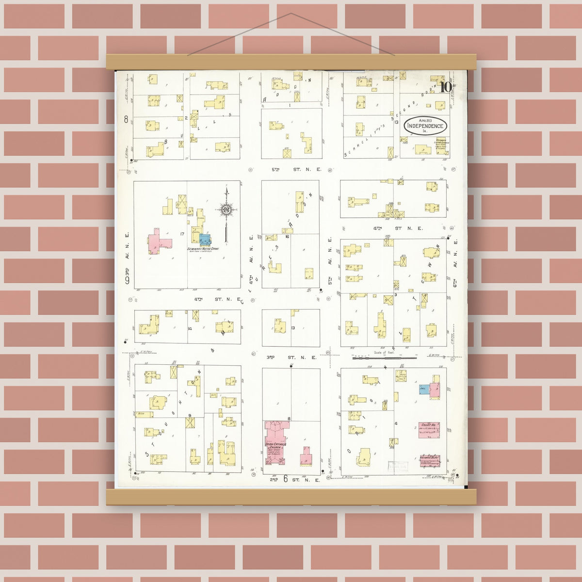 Old map wall art mockup — magnetic wood frame on brick wall — Sanborn Fire Insurance Map from Independence, Buchanan County, Iowa (1913), Sheet #0010