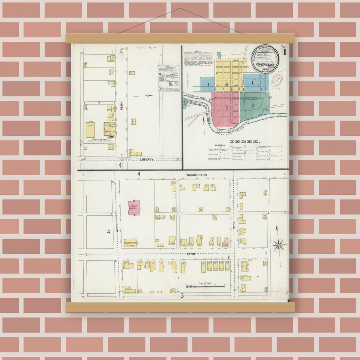 Old map wall art mockup — magnetic wood frame on brick wall — Sanborn Fire Insurance Map from New Bethlehem, Clarion County, Pennsylvania (1899), Sheet #0001