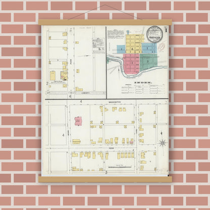 Old map wall art mockup — magnetic wood frame on brick wall — Sanborn Fire Insurance Map from New Bethlehem, Clarion County, Pennsylvania (1899), Sheet #0001