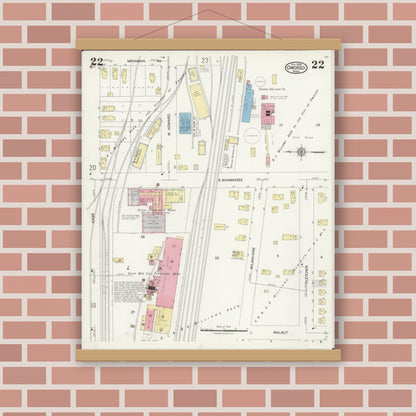 Old map wall art mockup — magnetic wood frame on brick wall — Sanborn Fire Insurance Map from Owosso, Shiawassee County, Michigan (1924), Sheet #0022
