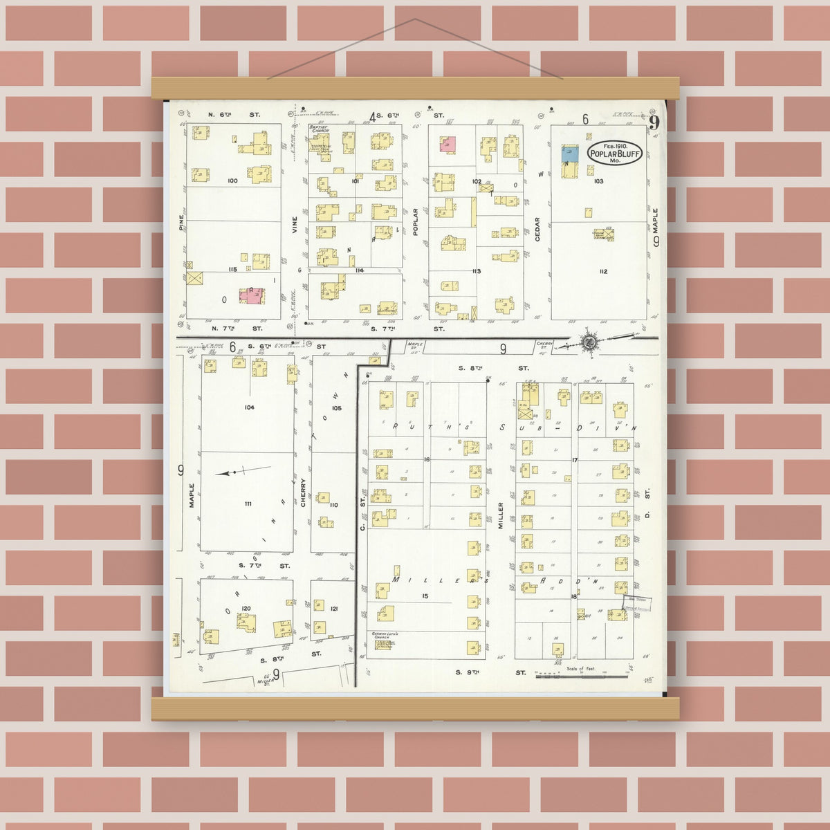 Old map wall art mockup — magnetic wood frame on brick wall — Sanborn Fire Insurance Map from Poplar Bluff, Butler County, Missouri (1910), Sheet #0009
