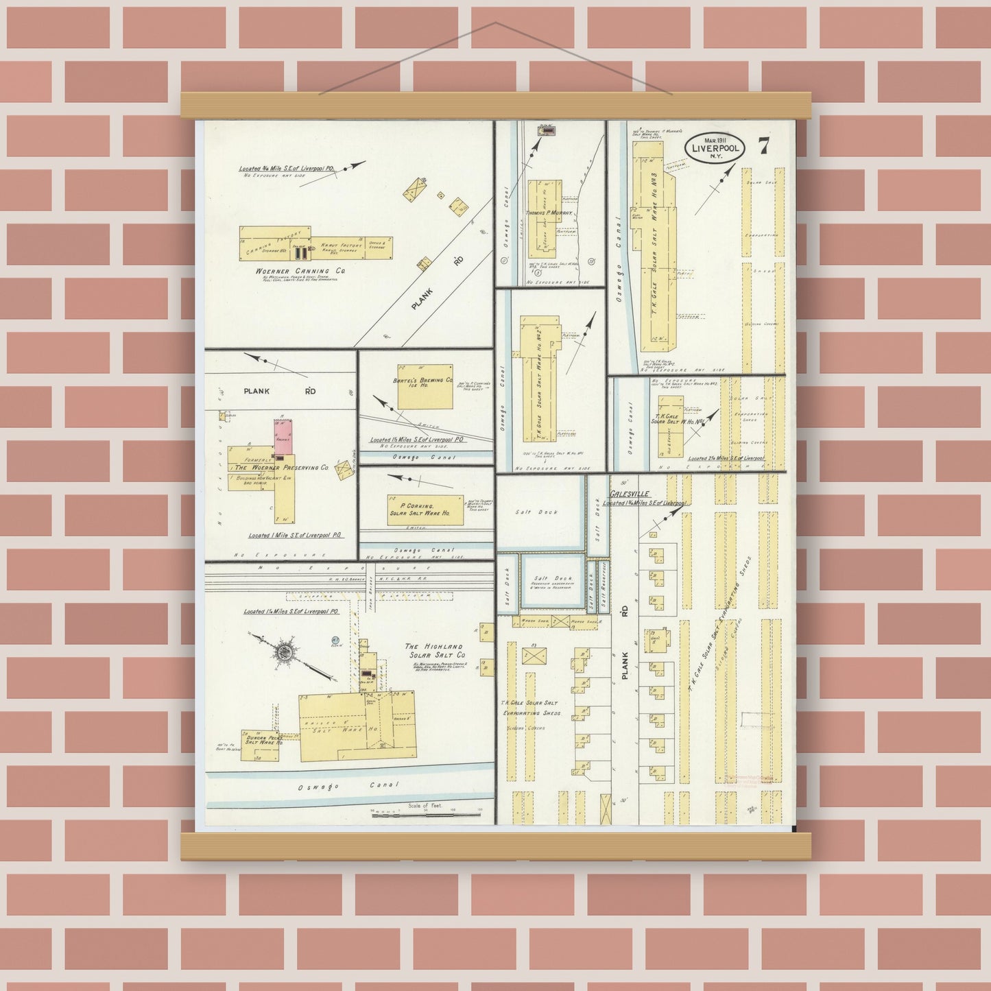 Old map wall art mockup — magnetic wood frame on brick wall — Sanborn Fire Insurance Map from Liverpool, Onondaga County, New York (1911), Sheet #0007
