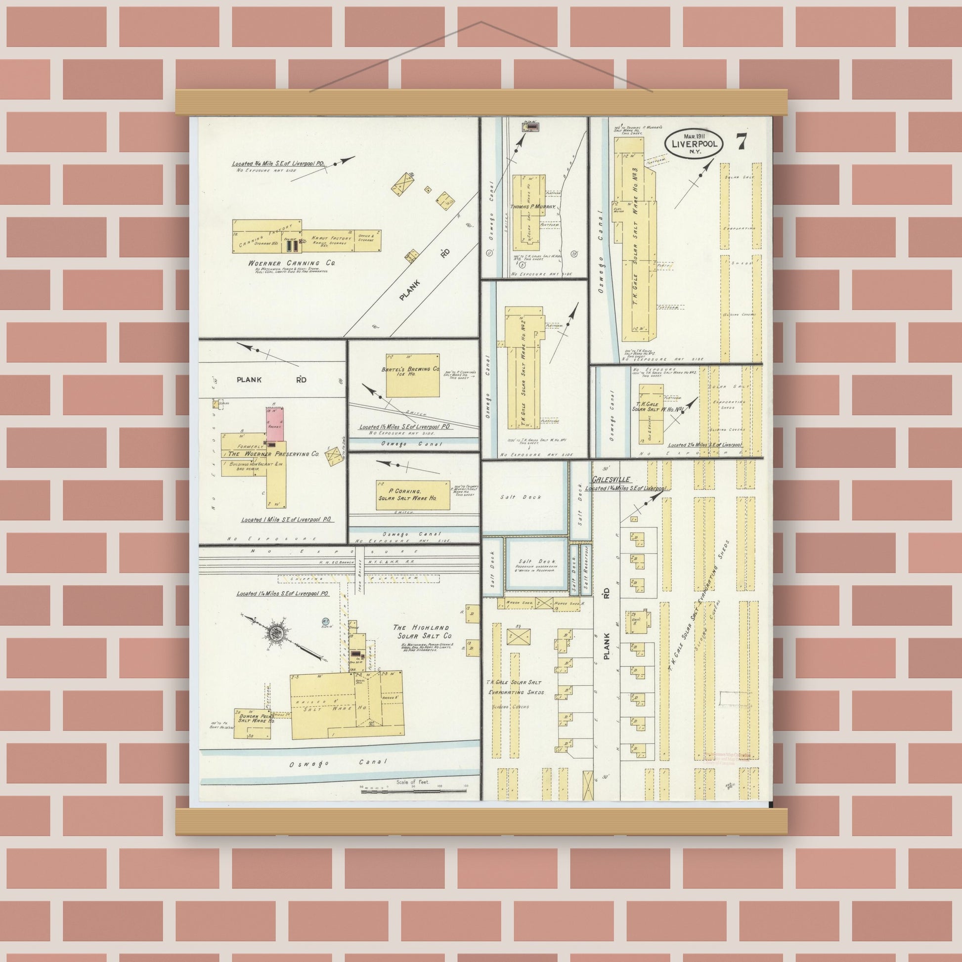 Old map wall art mockup — magnetic wood frame on brick wall — Sanborn Fire Insurance Map from Liverpool, Onondaga County, New York (1911), Sheet #0007