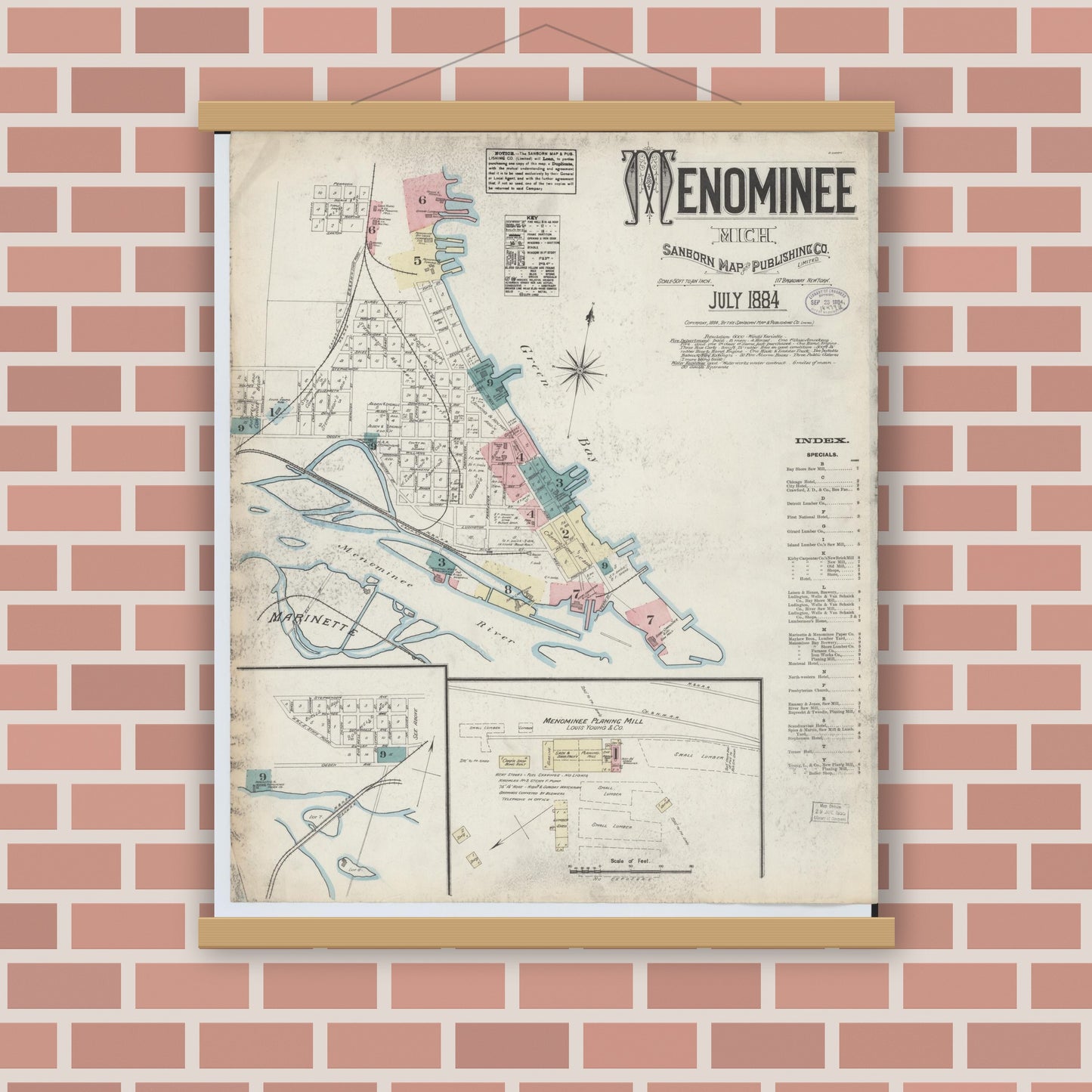 Old map wall art mockup — magnetic wood frame on brick wall — Sanborn Fire Insurance Map from Menominee, Menominee County, Michigan (1884) - Complete Map Set