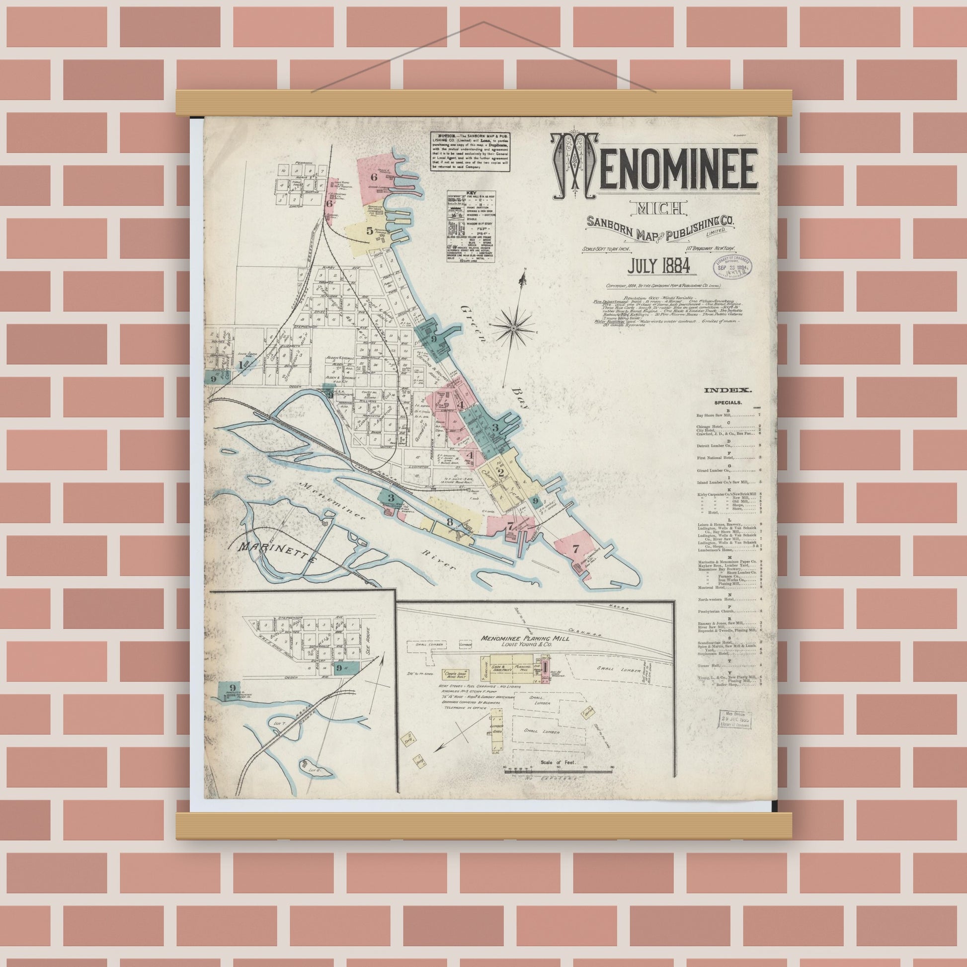 Old map wall art mockup — magnetic wood frame on brick wall — Sanborn Fire Insurance Map from Menominee, Menominee County, Michigan (1884) - Complete Map Set