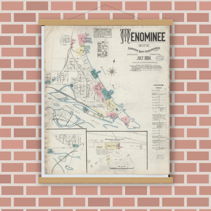 Old map wall art mockup — magnetic wood frame on brick wall — Sanborn Fire Insurance Map from Menominee, Menominee County, Michigan (1884) - Complete Map Set