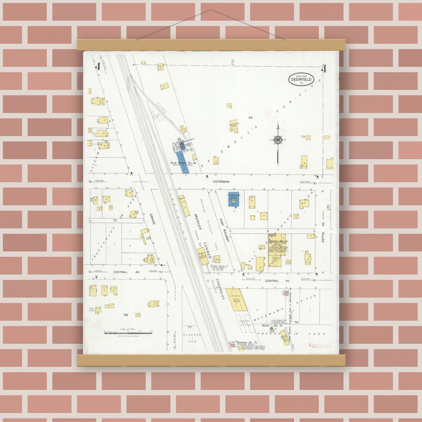 Old map wall art mockup — magnetic wood frame on brick wall — Sanborn Fire Insurance Map from Deerfield, Lake County, Illinois (1929), Sheet #0004