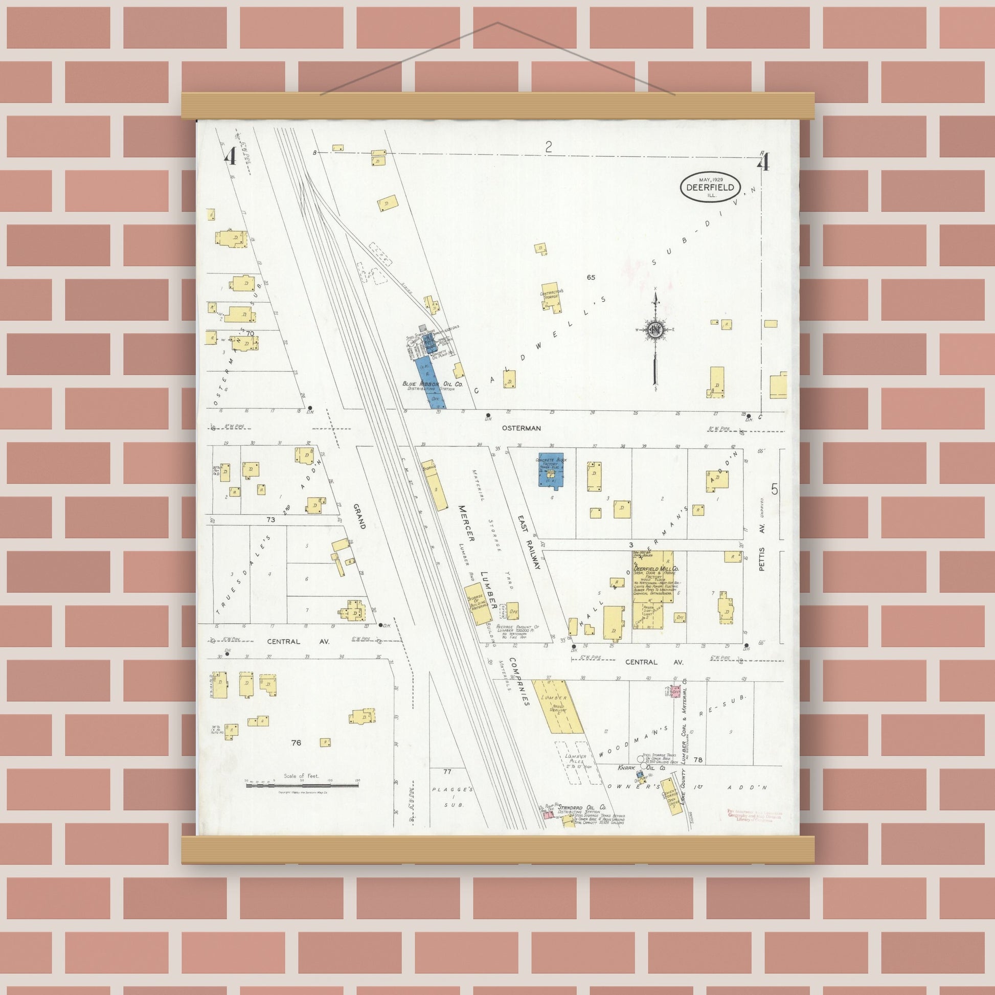 Old map wall art mockup — magnetic wood frame on brick wall — Sanborn Fire Insurance Map from Deerfield, Lake County, Illinois (1929), Sheet #0004