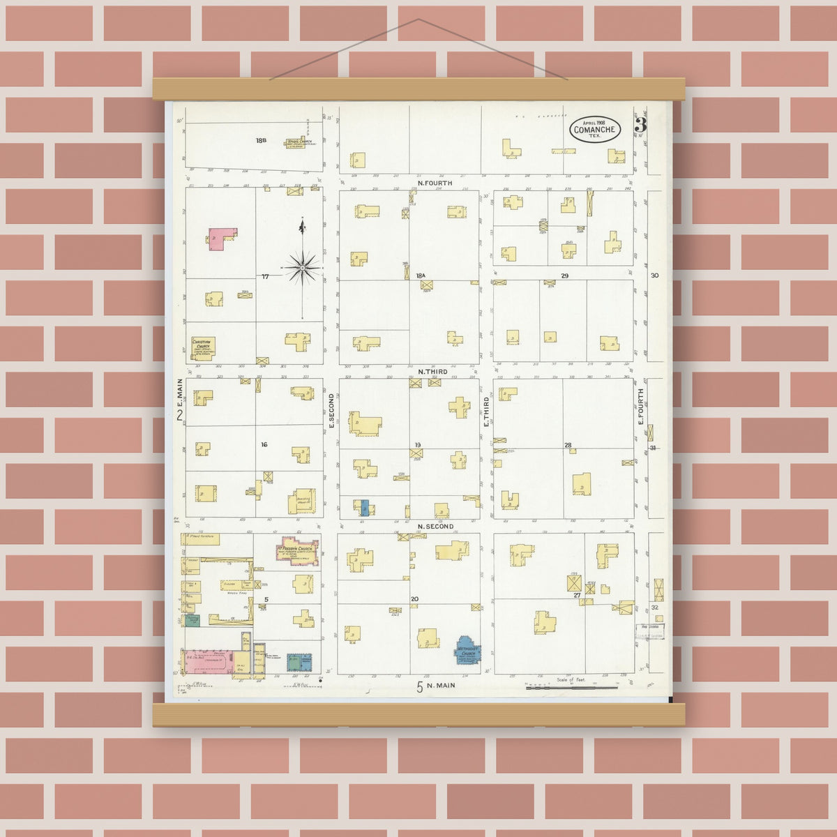 Old map wall art mockup — magnetic wood frame on brick wall — Sanborn Fire Insurance Map from Comanche, Comanche County, Texas (1908), Sheet #0003