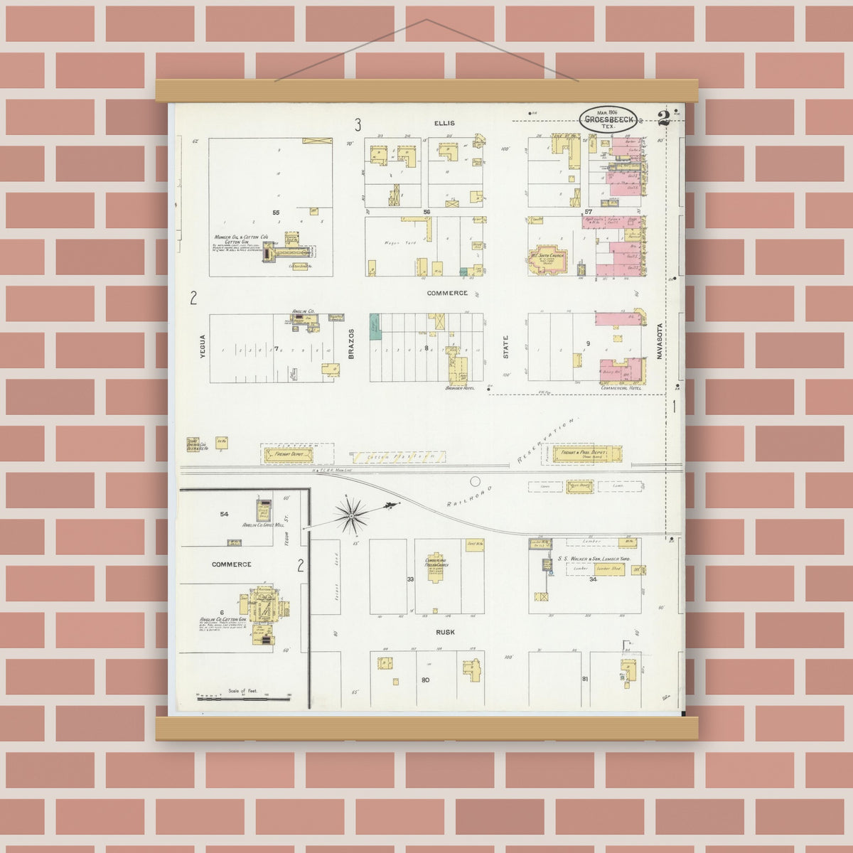 Old map wall art mockup — magnetic wood frame on brick wall — Sanborn Fire Insurance Map from Groesbeck, Limestone County, Texas (1906), Sheet #0002