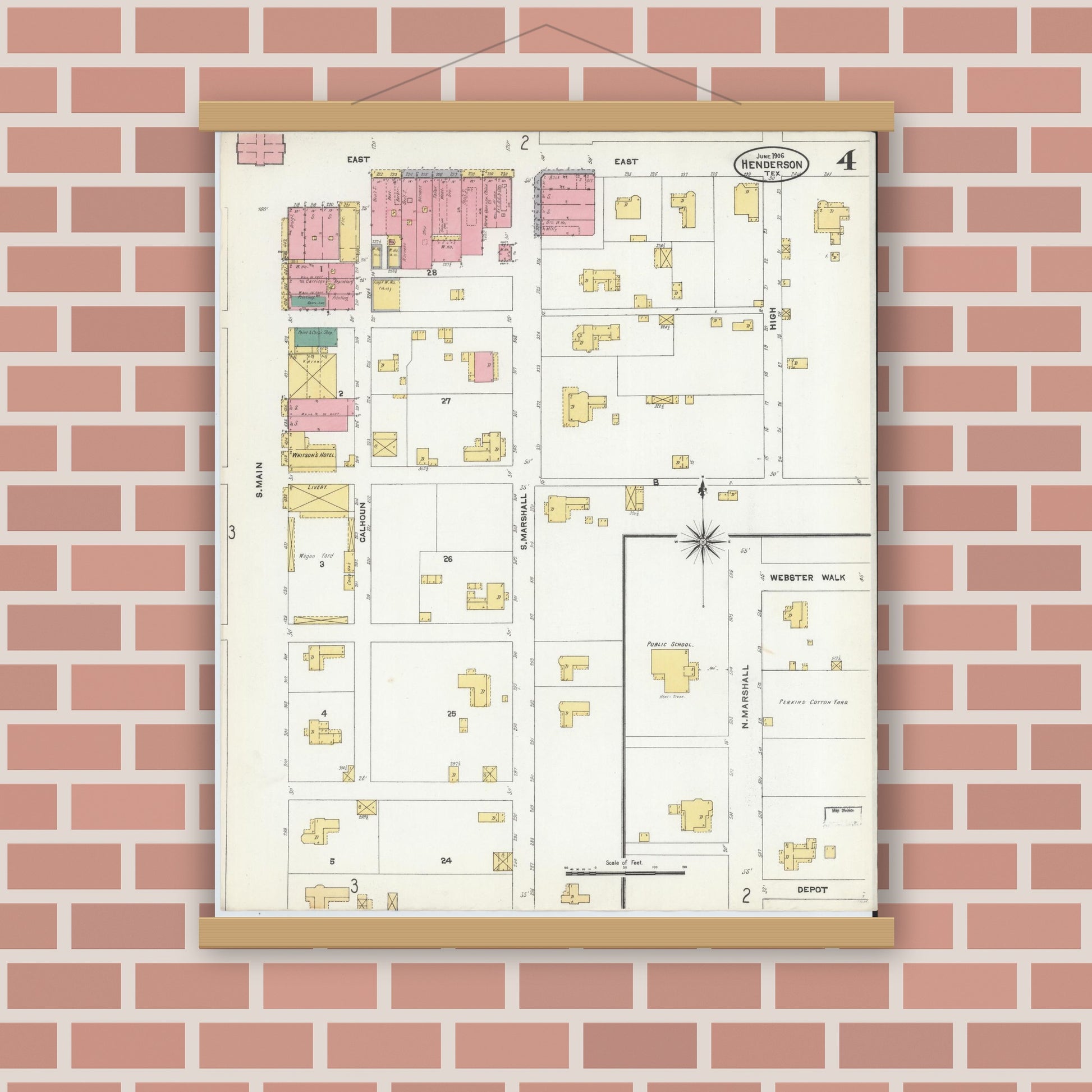 Old map wall art mockup — magnetic wood frame on brick wall — Sanborn Fire Insurance Map from Henderson, Rusk County, Texas (1906), Sheet #0004