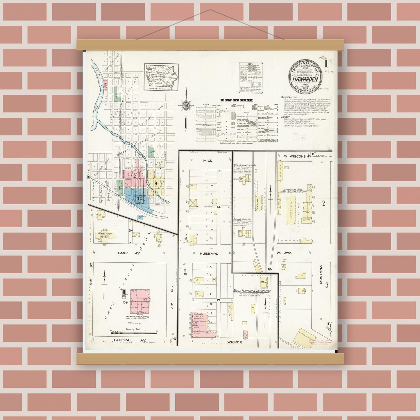 Old map wall art mockup — magnetic wood frame on brick wall — Sanborn Fire Insurance Map from Hawarden, Sioux County, Iowa (1914) â€” Complete Set