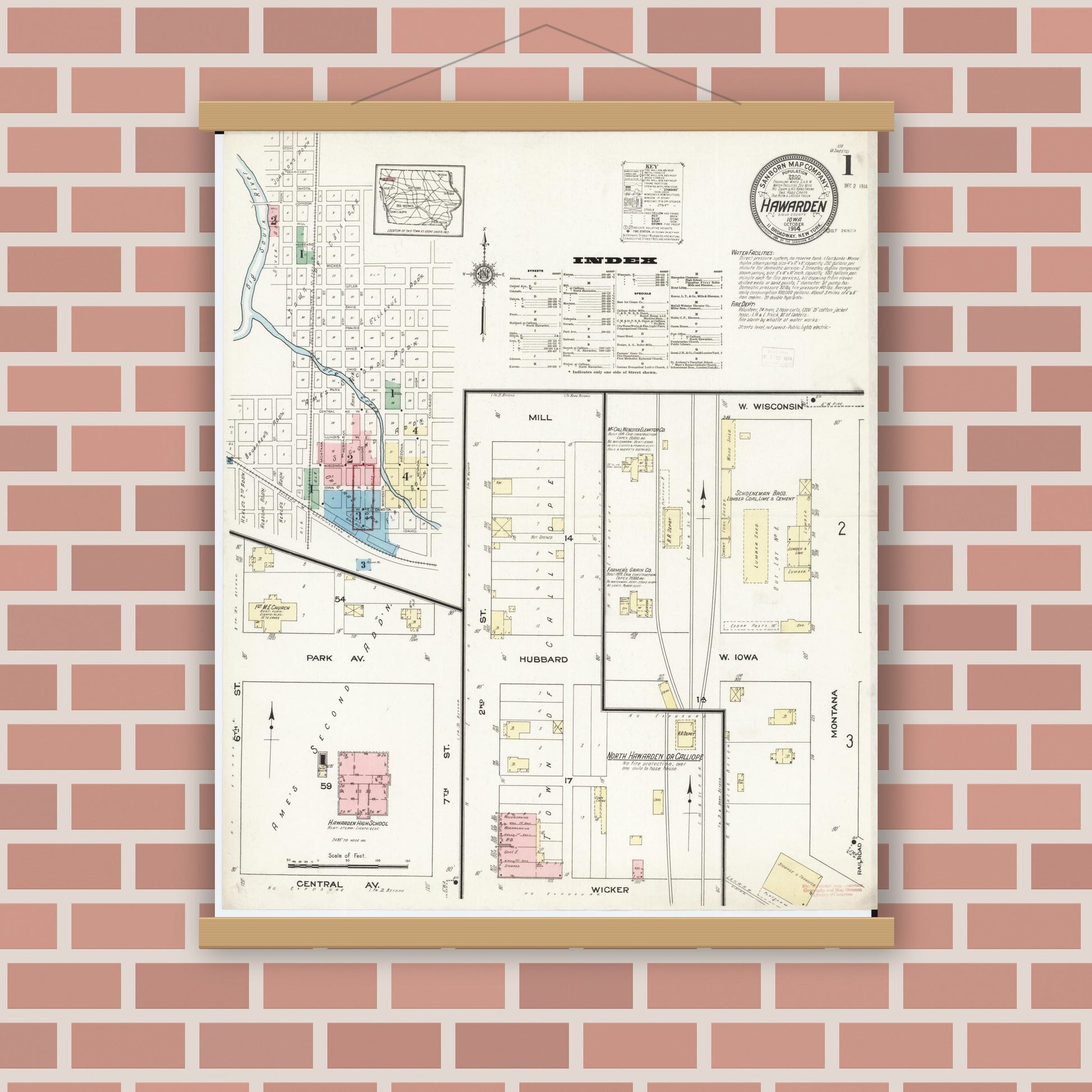 Old map wall art mockup — magnetic wood frame on brick wall — Sanborn Fire Insurance Map from Hawarden, Sioux County, Iowa (1914) â€” Complete Set
