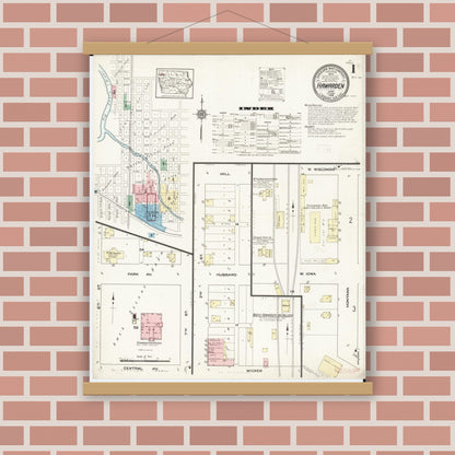 Old map wall art mockup — magnetic wood frame on brick wall — Sanborn Fire Insurance Map from Hawarden, Sioux County, Iowa (1914) â€” Complete Set