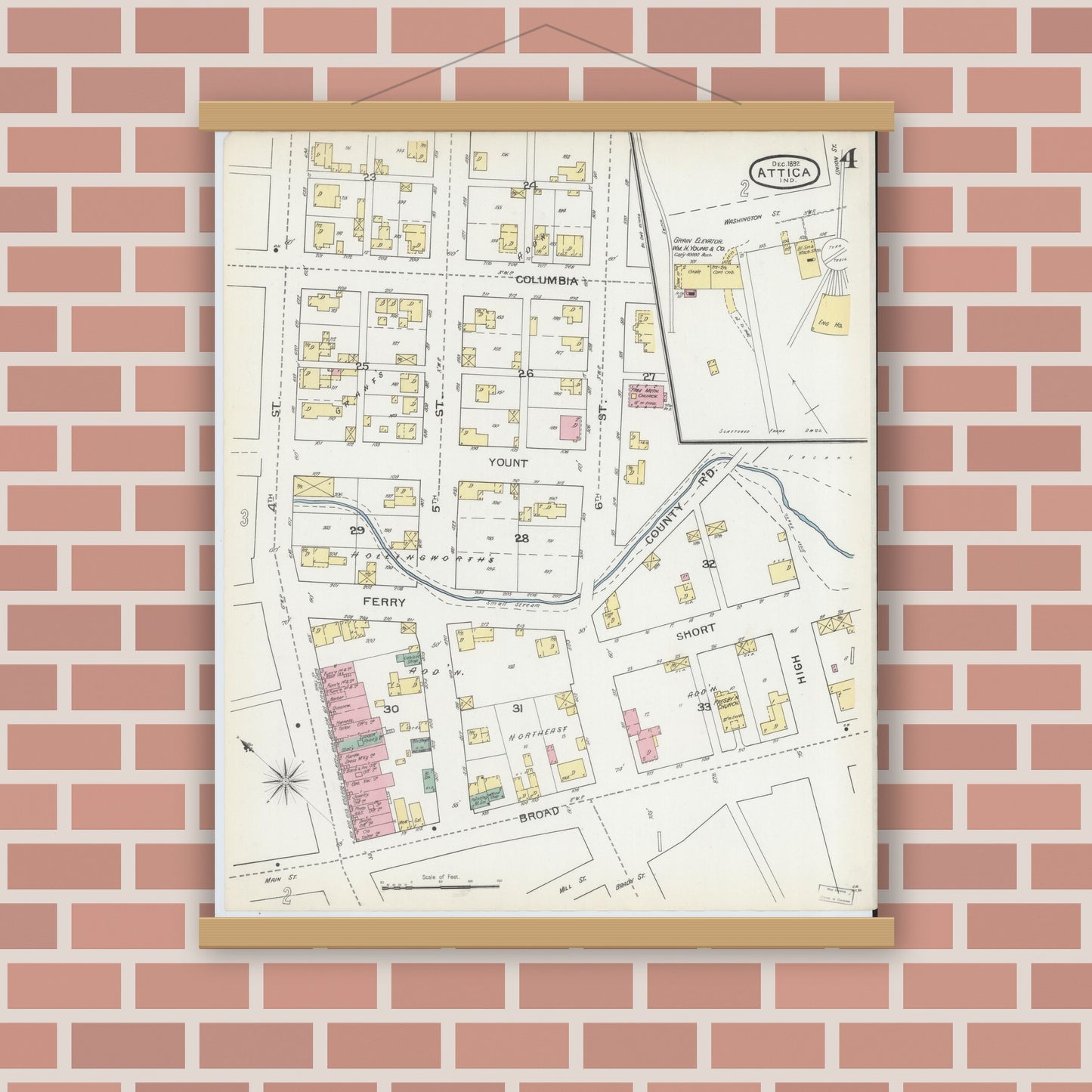 Old map wall art mockup — magnetic wood frame on brick wall — Sanborn Fire Insurance Map from Attica, Fountain County, Indiana (1892), Sheet #0004