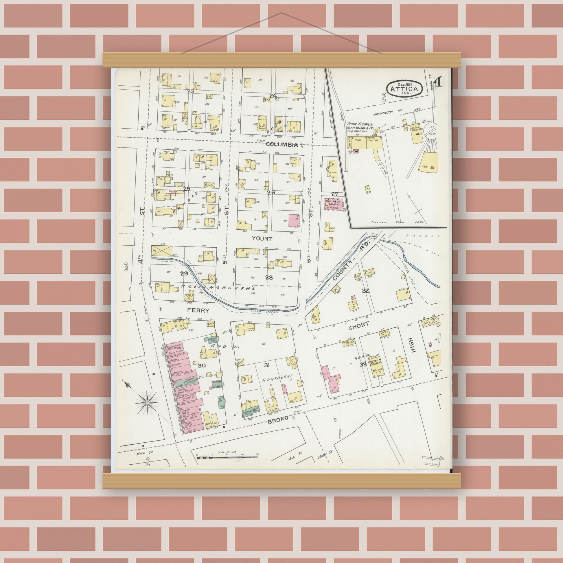 Old map wall art mockup — magnetic wood frame on brick wall — Sanborn Fire Insurance Map from Attica, Fountain County, Indiana (1892), Sheet #0004