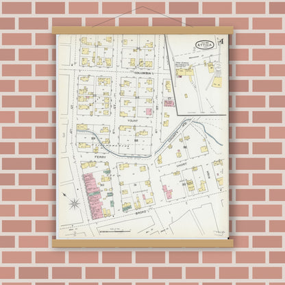 Old map wall art mockup — magnetic wood frame on brick wall — Sanborn Fire Insurance Map from Attica, Fountain County, Indiana (1892), Sheet #0004