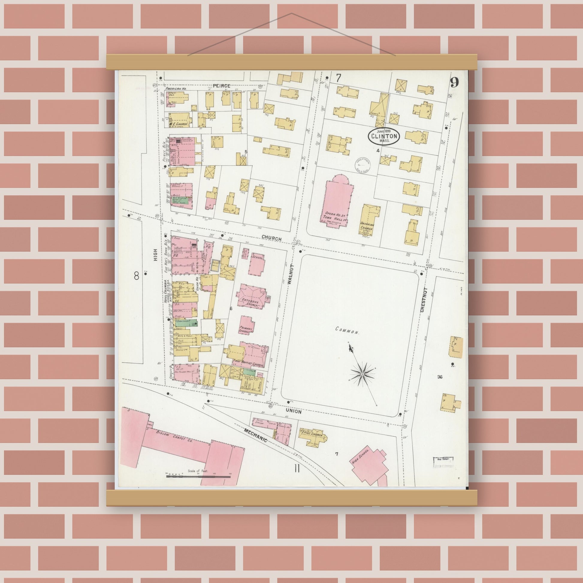 Old map wall art mockup — magnetic wood frame on brick wall — Sanborn Fire Insurance Map from Clinton, Worcester County, Massachusetts (1899), Sheet #0009